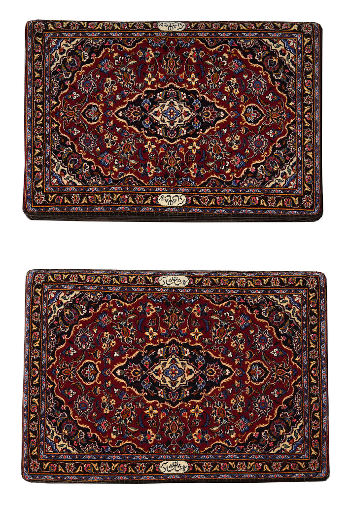 2 x 3 Twin Pair Of Authentic Persian Cushion Signed Upholstered Sitting Kashan Rug #F-3199