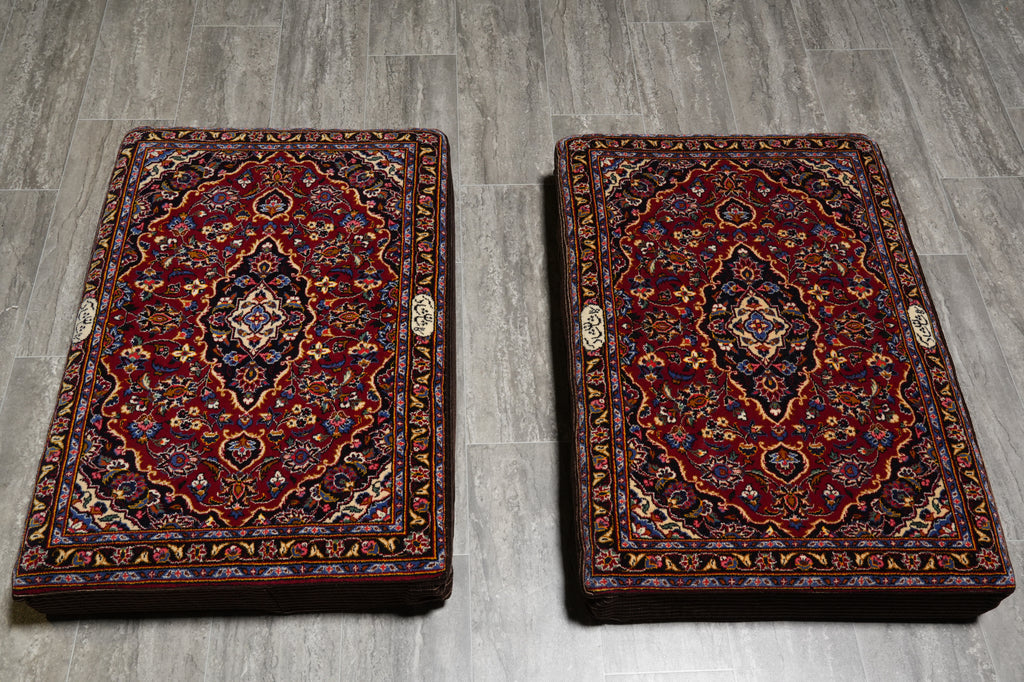 2 x 3 Twin Pair Of Authentic Persian Cushion Signed Upholstered Sitting Kashan Rug #F-3199