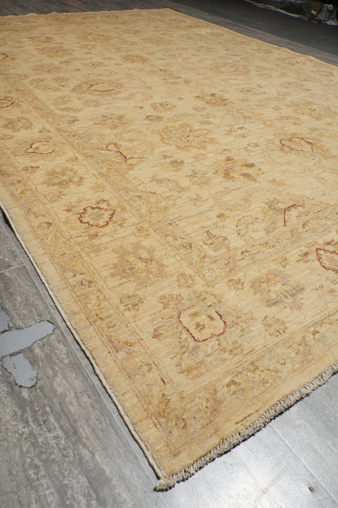 A large traditional area rug with an ornate floral pattern in beige, tan, and muted red, laid out on a gray concrete floor.