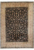 Load image into Gallery viewer, A rectangular traditional area rug with an intricate floral pattern, featuring a dark central field surrounded by a wide beige and pink ornamental border.