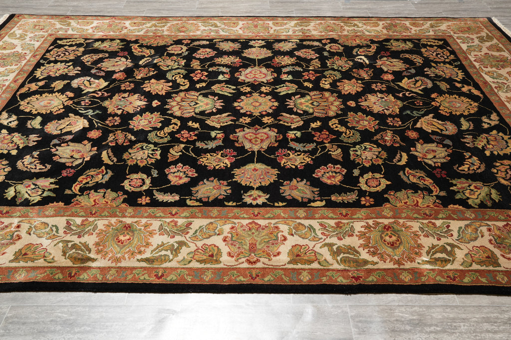 9 x 12 Quality Black Lustrous Dense Wool Hand-Knotted Jaipur Rug 