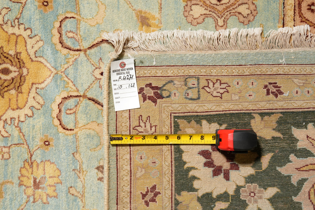 10 x 14 Quality Handmade Agra Rug Aqua Blue With Green Border #F-4271