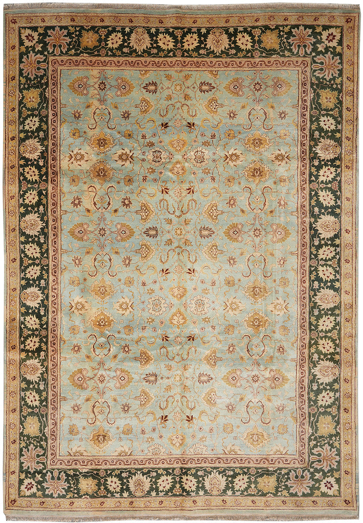 10 x 14 Quality Handmade Agra Rug Aqua Blue With Green Border #F-4271