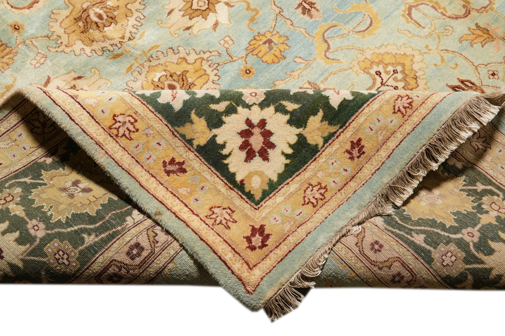 10 x 14 Quality Handmade Agra Rug Aqua Blue With Green Border #F-4271