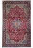 Load image into Gallery viewer, A traditional oriental area rug with a deep red central field, intricate floral motifs, and a dark navy blue border with beige and cream details.