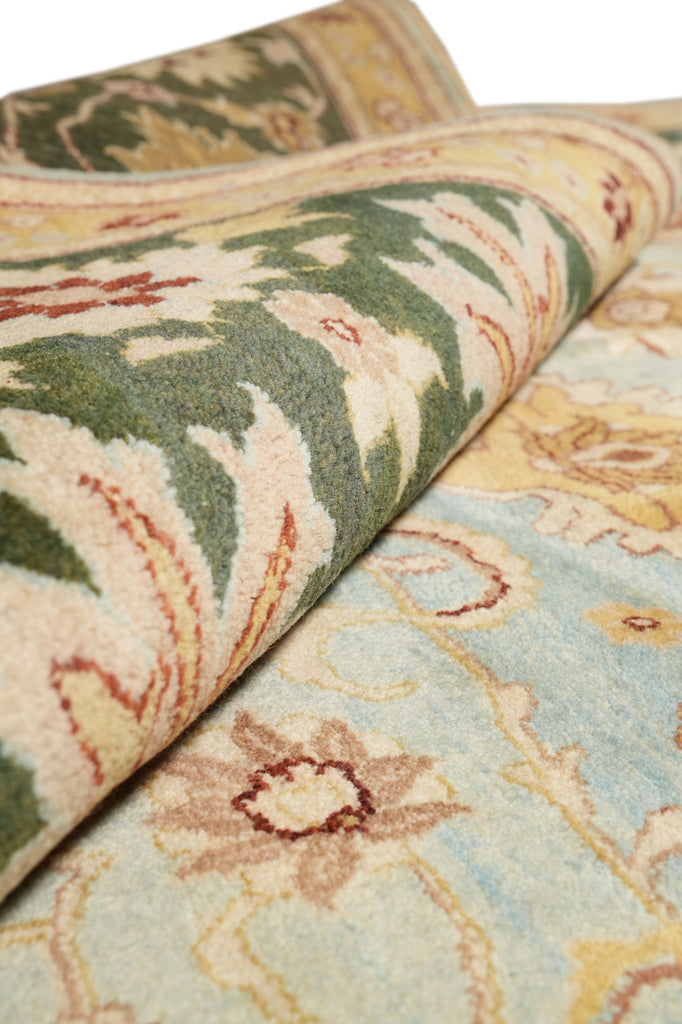 10 x 14 Quality Handmade Agra Rug Aqua Blue With Green Border #F-4271