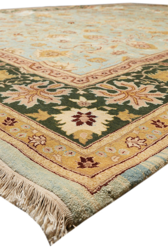 10 x 14 Quality Handmade Agra Rug Aqua Blue With Green Border #F-4271