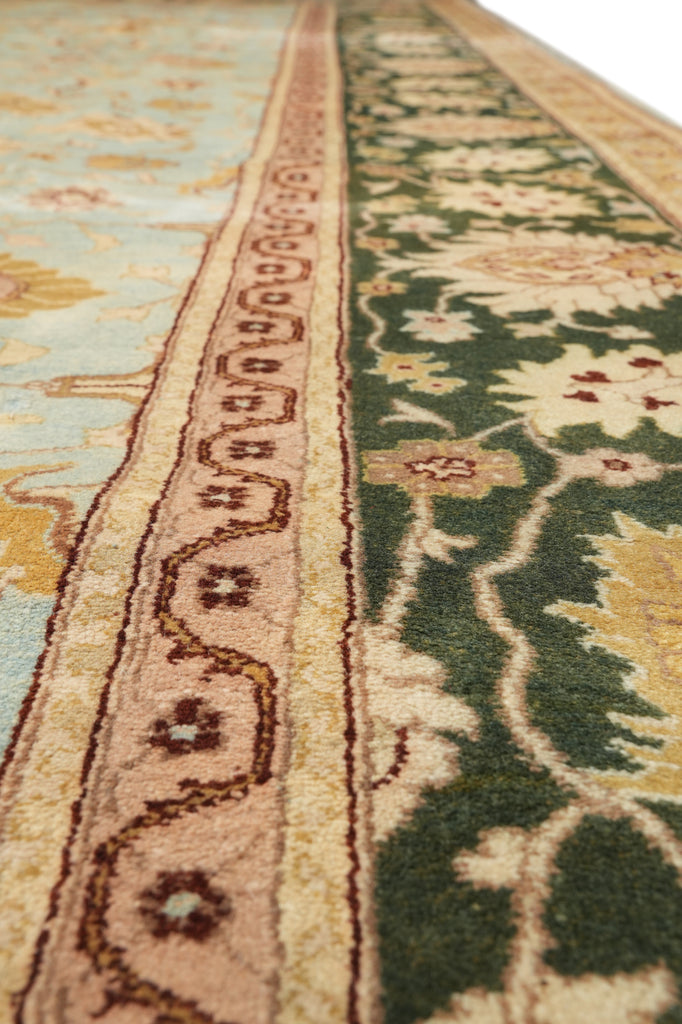 10 x 14 Quality Handmade Agra Rug Aqua Blue With Green Border #F-4271