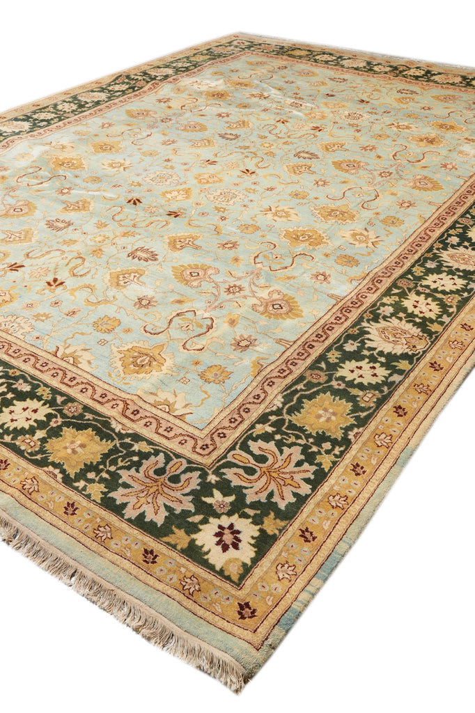 10 x 14 Quality Handmade Agra Rug Aqua Blue With Green Border #F-4271