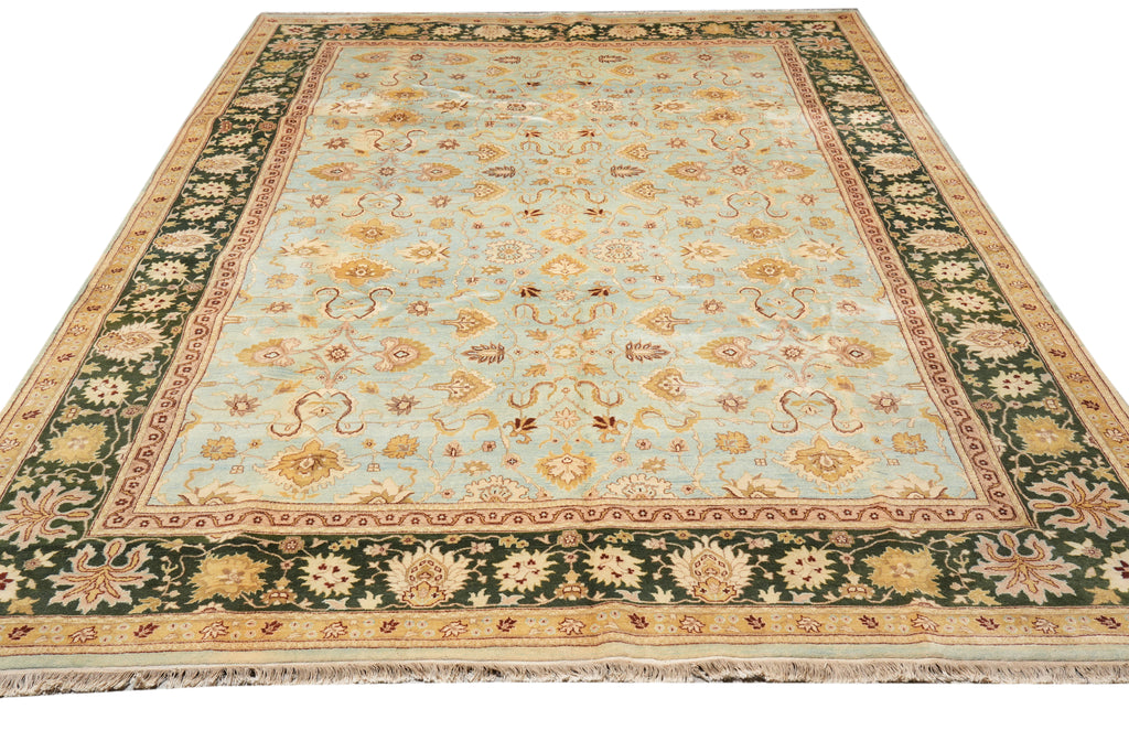 10 x 14 Quality Handmade Agra Rug Aqua Blue With Green Border #F-4271