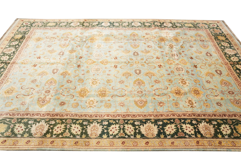 10 x 14 Quality Handmade Agra Rug Aqua Blue With Green Border #F-4271