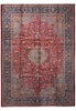 Load image into Gallery viewer, A traditional oriental area rug with a complex floral pattern, featuring a prominent red central medallion, a dusty blue-gray field, and a dark navy blue border.