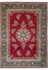 Load image into Gallery viewer, A traditional oriental area rug with a deep red central field, featuring a large central medallion and floral motifs in beige, navy blue, and muted green, surrounded by a detailed patterned border.