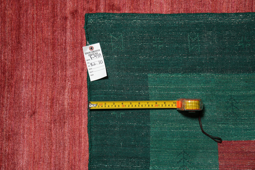 8 x 10 Handmade Wool Contemporary Rug – Solid Red with Green Accents (F-4519)
