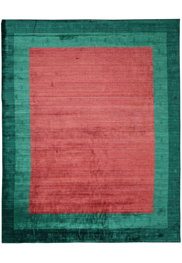 8 x 10 Handmade Wool Contemporary Rug – Solid Red with Green Accents (F-4519)