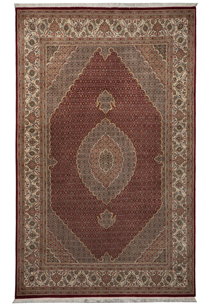 6.9 x 10 Ruby Red Wool & Silk Tabriz Mahi Rug