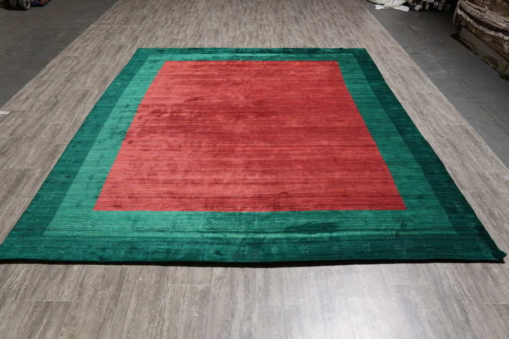 8 x 10 Handmade Wool Contemporary Rug – Solid Red with Green Accents (F-4519)