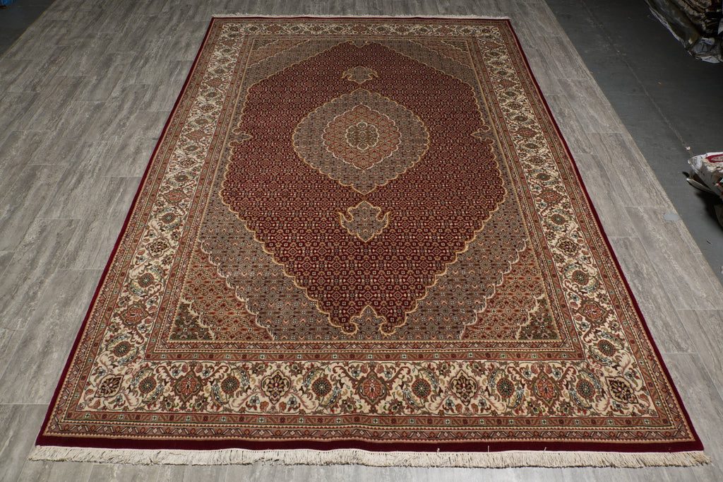 6.9 x 10 Ruby Red Wool & Silk Tabriz Mahi Rug - view 3