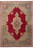 Load image into Gallery viewer, A traditional oriental area rug with a deep red central field, beige and cream borders, and intricate floral motifs in muted green, blue, and pink.