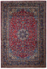 Load image into Gallery viewer, A traditional oriental area rug with a deep red central field, intricate floral motifs, and a dark navy blue border with beige and cream details.