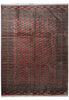 Load image into Gallery viewer, A traditional oriental rug with a dusty rose red field, dark brown borders, and intricate circular motifs in black and muted green.