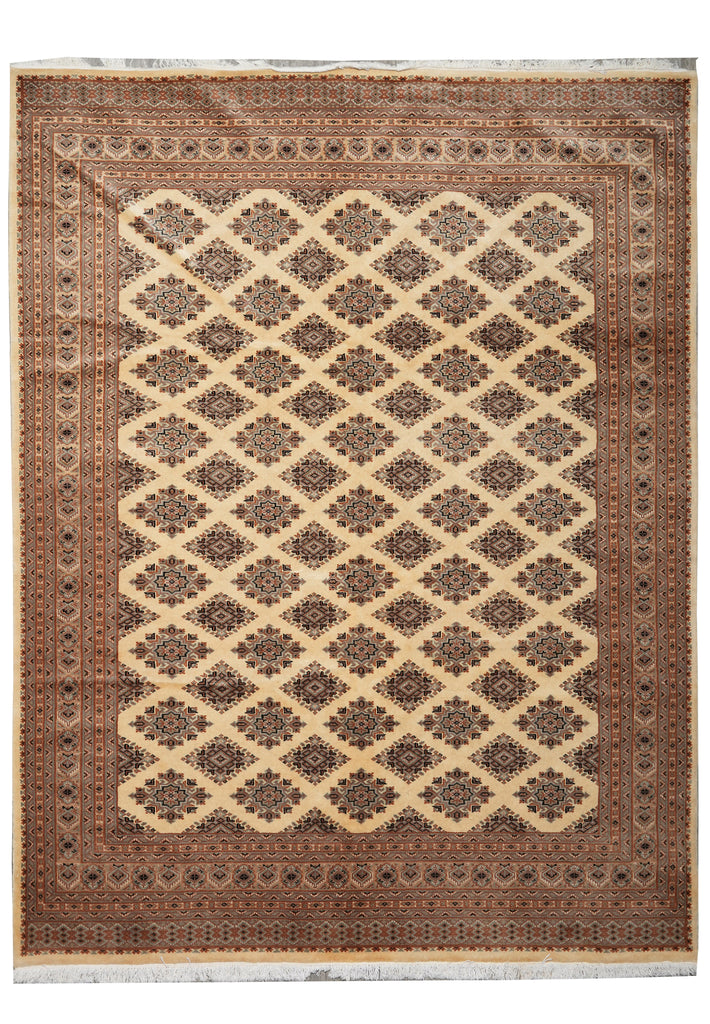 A traditional oriental area rug with a geometric diamond lattice pattern in beige and brown, featuring a detailed border and white fringe at the bottom.