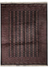 Load image into Gallery viewer, A rectangular area rug with a traditional Persian-style pattern, featuring a dark central field with repeating circular motifs and a wide burgundy border with fringe on the top and bottom edges.