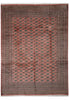 Load image into Gallery viewer, A rectangular area rug with a dusty rose pink field, decorated with repeating medallion motifs in dark green and beige, surrounded by a wide dark brown patterned border.