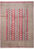 Load image into Gallery viewer, A square area rug with a traditional geometric pattern featuring vertical columns of pink and beige diamonds with blue-gray accents, surrounded by a red and beige patterned border.