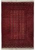 Load image into Gallery viewer, A traditional rectangular area rug with a deep red field, featuring a central panel of repeating medallion motifs and a detailed border, finished with cream-colored fringe on the top and bottom edges.