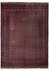 Load image into Gallery viewer, A traditional rectangular area rug with an intricate geometric pattern in deep red, navy blue, and beige, featuring a detailed border and central field.