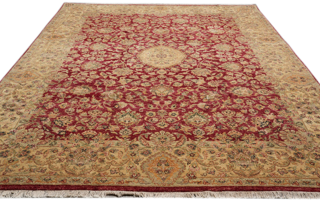 9.2 x 12.6 Quality Handmade Rug Red Gold Natural Wool #F-4312
