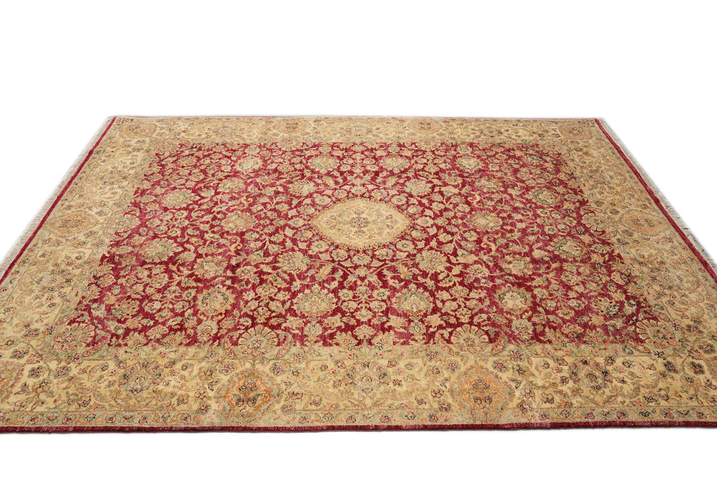 9.2 x 12.6 Quality Handmade Rug Red Gold Natural Wool #F-4312
