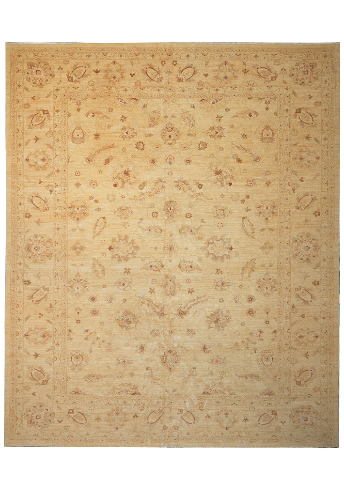 A square area rug with a traditional floral and paisley pattern in shades of beige, tan, and muted brown, shown flat against a white background.
