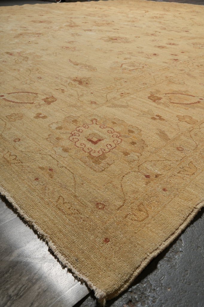 A close-up of a beige area rug with a subtle traditional floral pattern in muted brown and tan tones, showing the textured pile and a frayed edge.