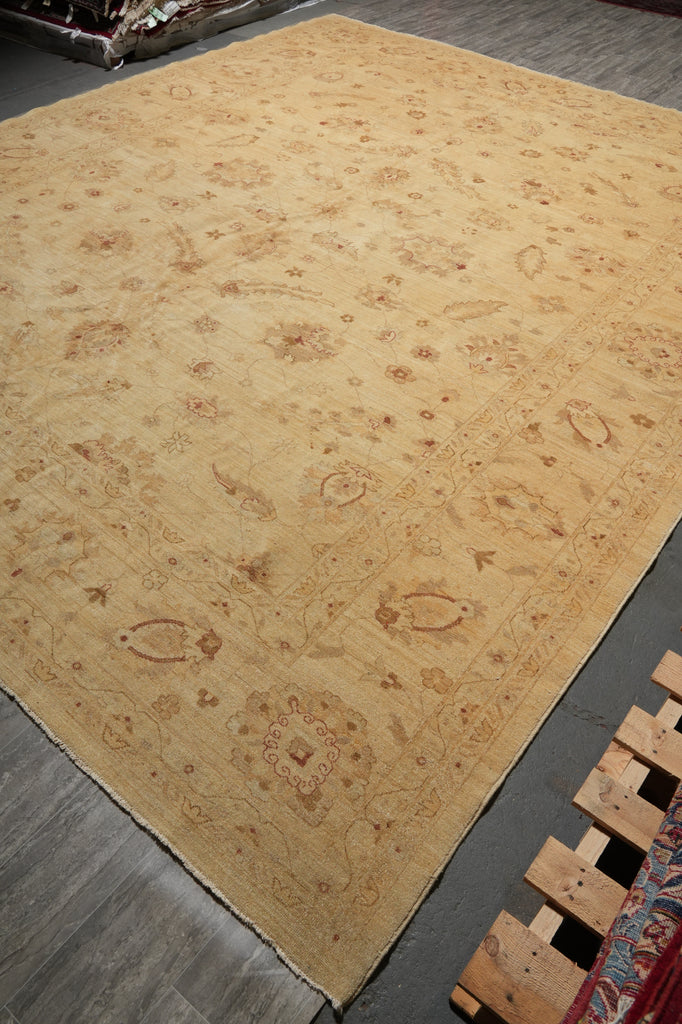 A large beige area rug with an intricate brown and tan floral and paisley pattern, photographed from an overhead angle on a dark gray floor.
