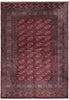 Load image into Gallery viewer, A traditional oriental area rug with a deep red central field featuring repeating circular medallion motifs, surrounded by a wide dusty mauve-purple border and patterned corners.