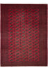 Load image into Gallery viewer, A rectangular area rug with a deep red border and central field, featuring a repeating pattern of dark brown and black medallions on a red background.