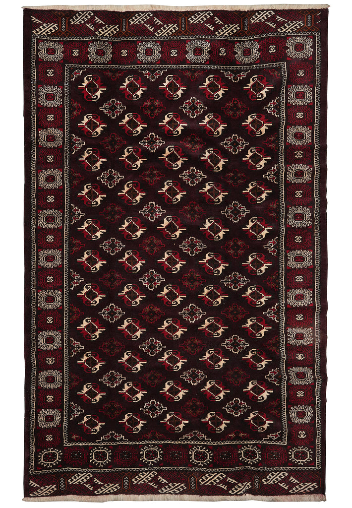 A traditional oriental rug with a dark red field, cream and red geometric motifs, and a patterned border.