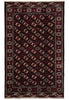 Load image into Gallery viewer, A traditional oriental rug with a dark red field, cream and red geometric motifs, and a patterned border.