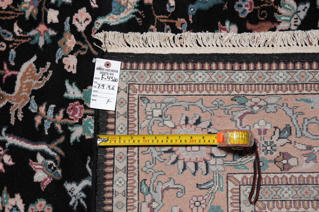 7.9 x 9.6 Paradise Birds Design Handmade Wool Rug Black #F-4520