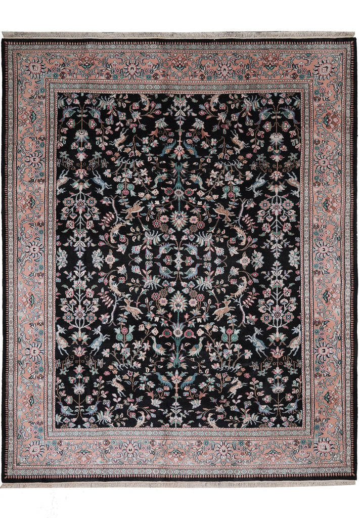 7.9 x 9.6 Paradise Birds Design Handmade Wool Rug Black