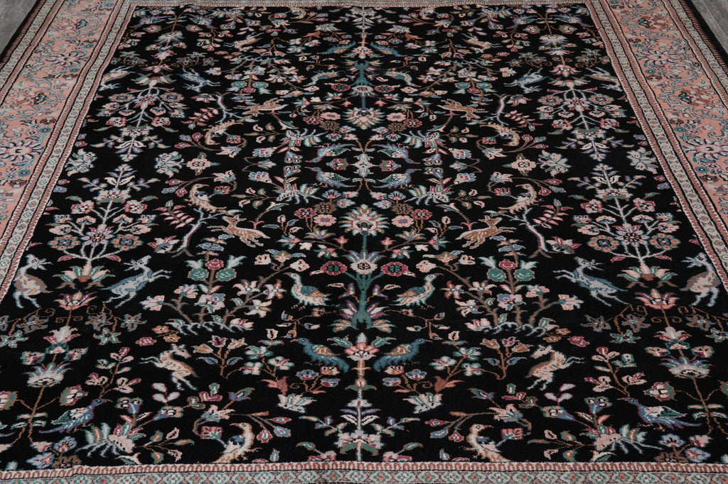 7.9 x 9.6 Paradise Birds Design Handmade Wool Rug Black #F-4520