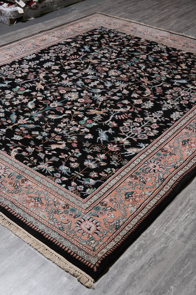 7.9 x 9.6 Paradise Birds Design Handmade Wool Rug Black #F-4520