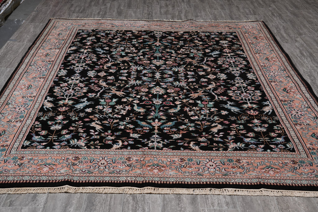 7.9 x 9.6 Paradise Birds Design Handmade Wool Rug Black #F-4520