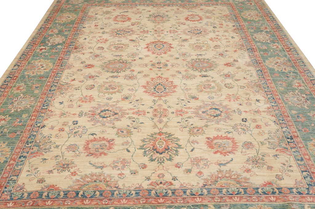 8.1 x 10.8  Beautiful Handmade Rug Beige Green Coral Zigler Carpet #F-4319