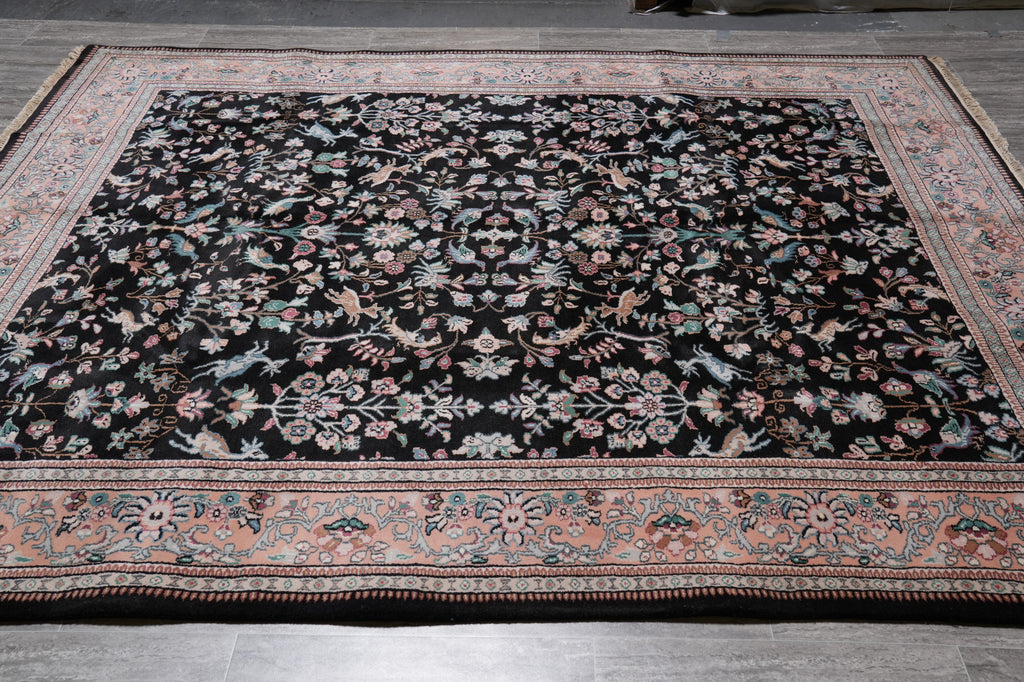 7.9 x 9.6 Paradise Birds Design Handmade Wool Rug Black #F-4520