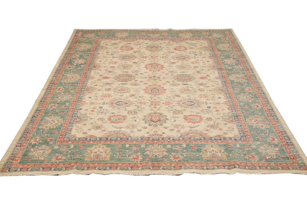 8.1 x 10.8  Beautiful Handmade Rug Beige Green Coral Zigler Carpet #F-4319