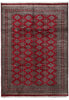 Load image into Gallery viewer, A traditional oriental area rug with a deep red field, featuring a repeating diamond pattern in beige, brown, and black, surrounded by a multi-layered geometric border.