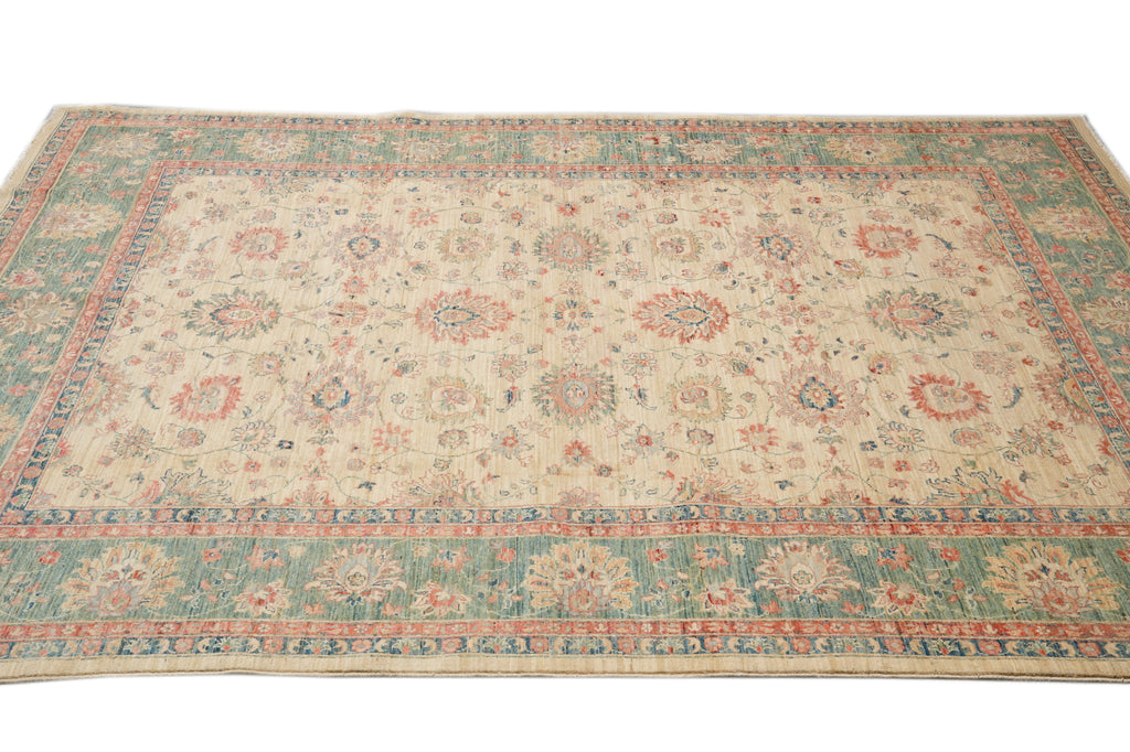 8.1 x 10.8  Beautiful Handmade Rug Beige Green Coral Zigler Carpet #F-4319